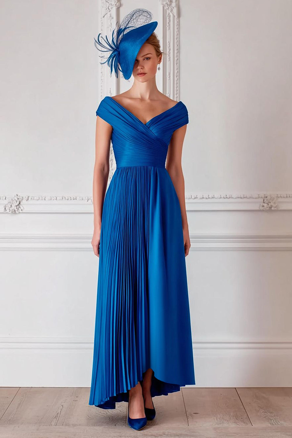 Königsblau Schulterfreie Langes Plissiert Mutter der Braut Kleid