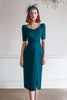 Laden Sie das Bild in den Galerie-Viewer, Glitzer Pfauenblau Rundhalsausschnitt Midi Mutter der Braut Kleid mit Schlitz