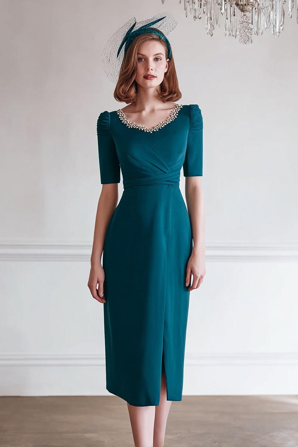Glitzer Pfauenblau Rundhalsausschnitt Midi Mutter der Braut Kleid mit Schlitz