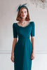 Laden Sie das Bild in den Galerie-Viewer, Glitzer Pfauenblau Rundhalsausschnitt Midi Mutter der Braut Kleid mit Schlitz