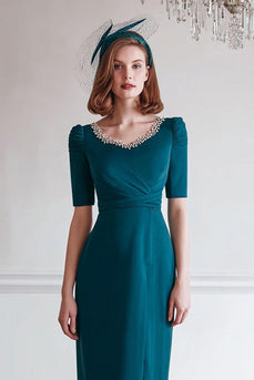 Glitzer Pfauenblau Rundhalsausschnitt Midi Mutter der Braut Kleid mit Schlitz