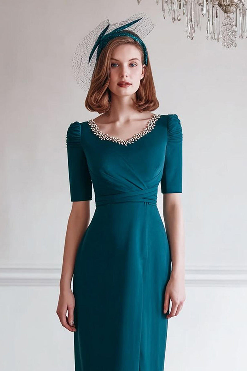 Laden Sie das Bild in den Galerie-Viewer, Glitzer Pfauenblau Rundhalsausschnitt Midi Mutter der Braut Kleid mit Schlitz