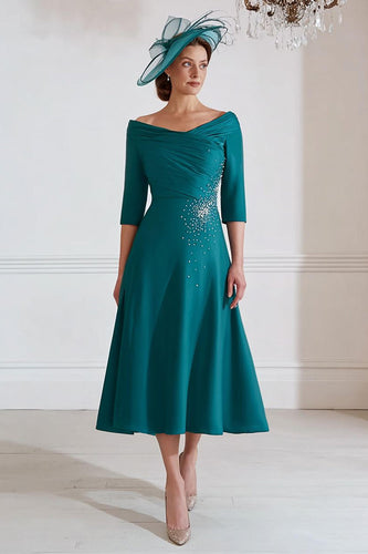 Glitzer Pfauengrün A Linie Midi Mutter der Braut Kleid mit Perlen