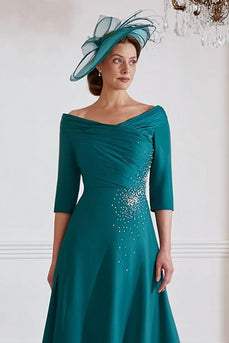 Glitzer Pfauengrün A Linie Midi Mutter der Braut Kleid mit Perlen