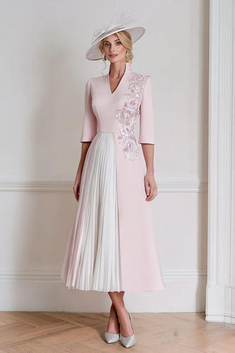 Rosa A Linie Blumen Midi Mutter der Braut Kleid mit Ärmel