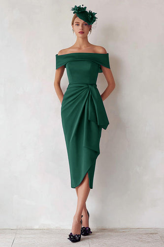 Dunkelgrün Satin Schulterfreie Midi Mutter der Braut Kleid