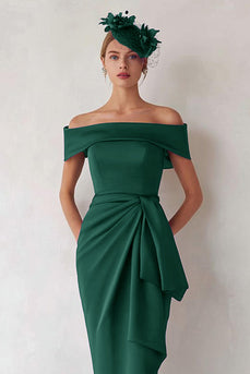 Dunkelgrün Satin Schulterfreie Midi Mutter der Braut Kleid