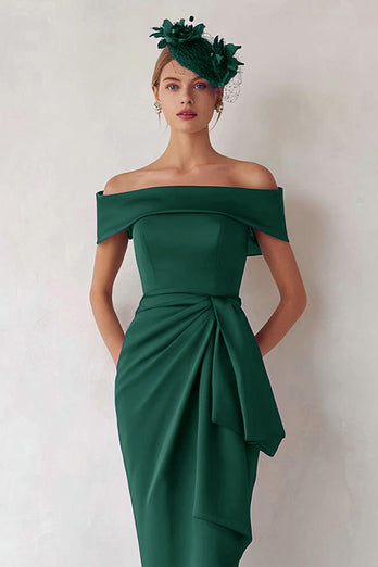 Dunkelgrün Satin Schulterfreie Midi Mutter der Braut Kleid