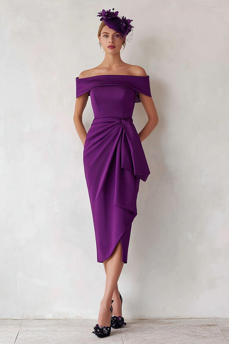 Laden Sie das Bild in den Galerie-Viewer, Dunkelgrün Satin Schulterfreie Midi Mutter der Braut Kleid