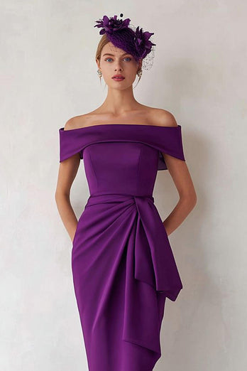 Dunkelgrün Satin Schulterfreie Midi Mutter der Braut Kleid