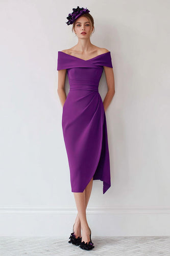 Traube Schulterfreie Midi Mutter der Braut Kleid mit Schlitz