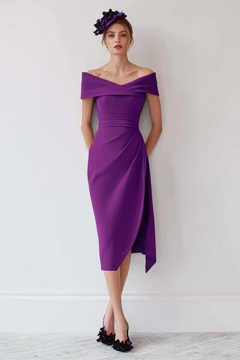 Traube Schulterfreie Midi Mutter der Braut Kleid mit Schlitz