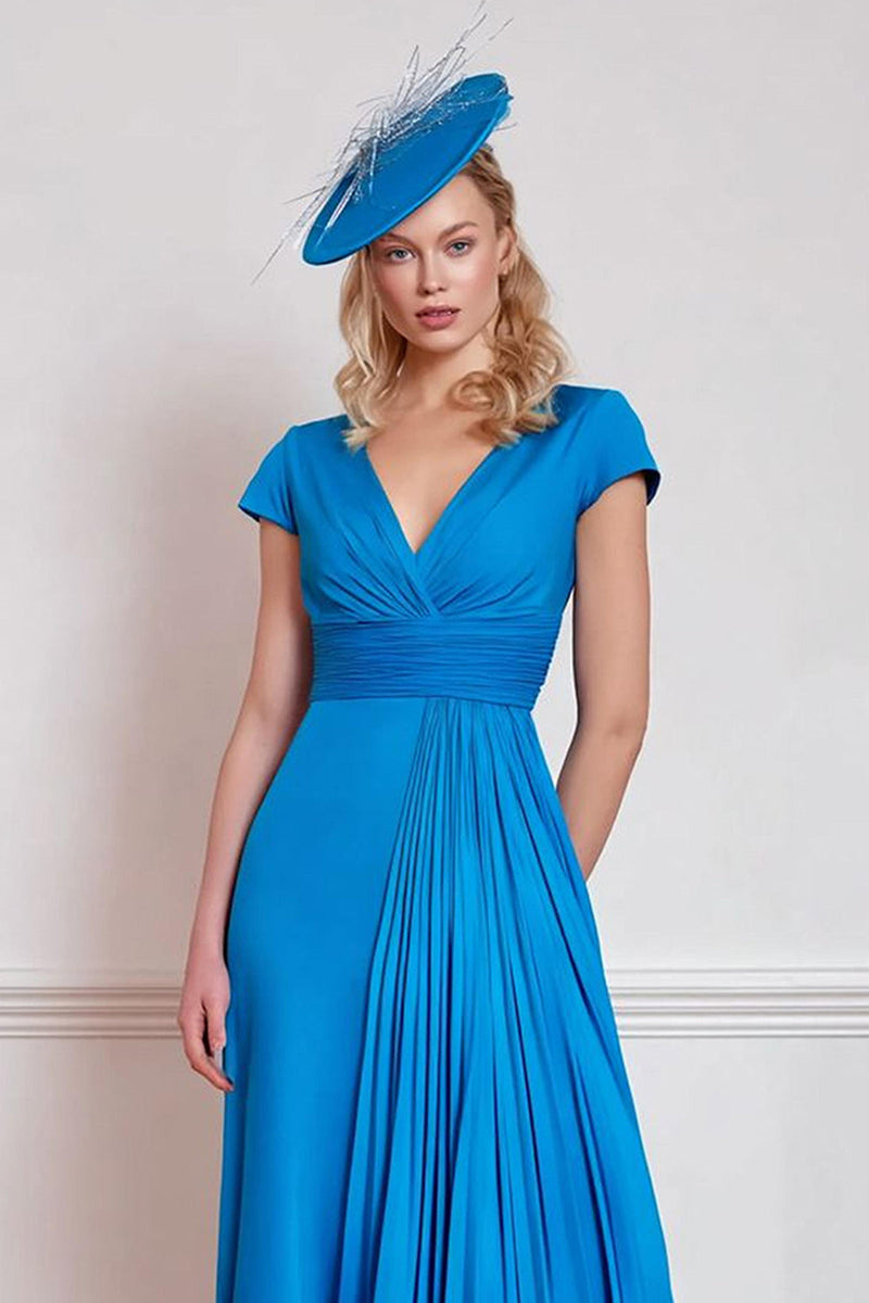 Laden Sie das Bild in den Galerie-Viewer, Blau V-Ausschnitt Plissiert Midi Mutter der Braut Kleid mit Ärmel