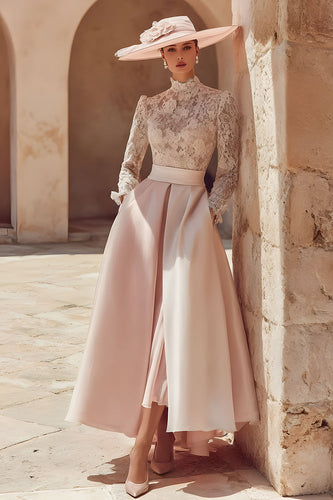 Rosa Hoher Hals A Linie Langes Mutter der Braut Kleid mit Spitze