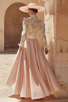 Rosa Hoher Hals A Linie Langes Mutter der Braut Kleid mit Spitze
