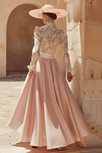 Rosa Hoher Hals A Linie Langes Mutter der Braut Kleid mit Spitze