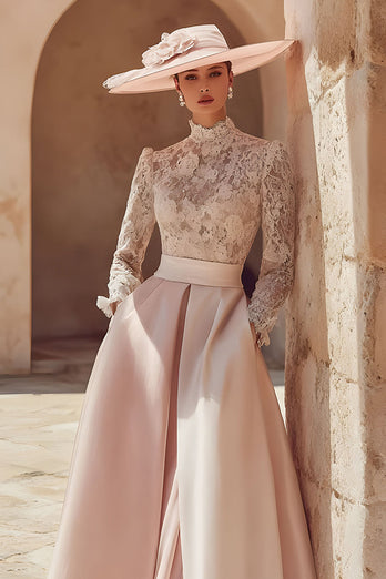 Rosa Hoher Hals A Linie Langes Mutter der Braut Kleid mit Spitze