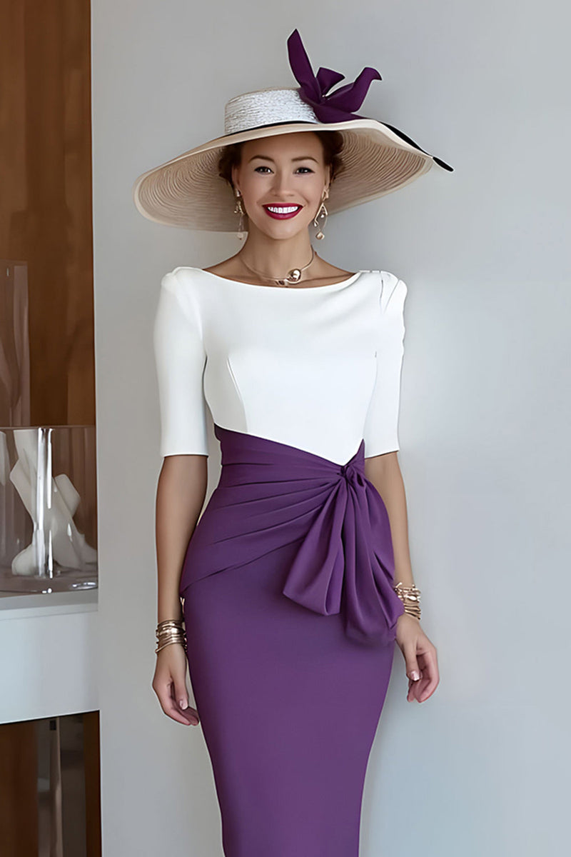 Laden Sie das Bild in den Galerie-Viewer, Traube Rundhalsausschnitt Bodycon Midi Mutter der Braut Kleid mit Ärmel