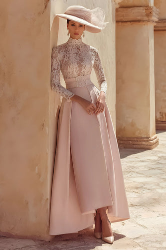 Rosa Hoher Hals Langes Mutter der Braut Kleid mit Spitze