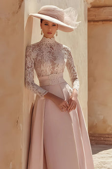 Rosa Hoher Hals Langes Mutter der Braut Kleid mit Spitze