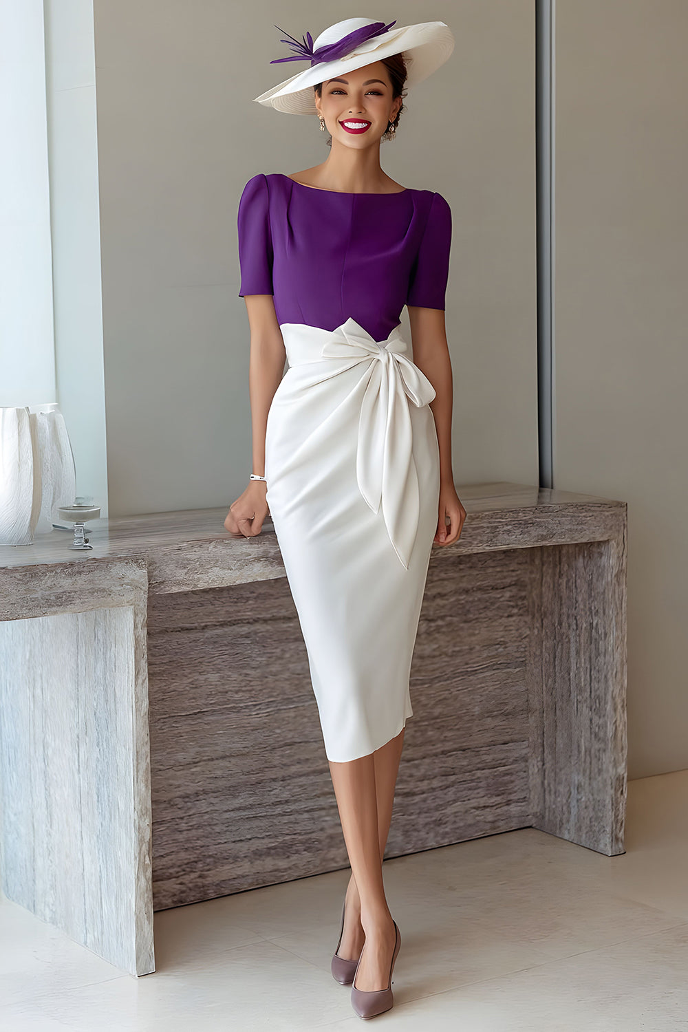 Traube Etui U-Boot-Ausschnitt Midi Mutter der Braut Kleid mit Bow