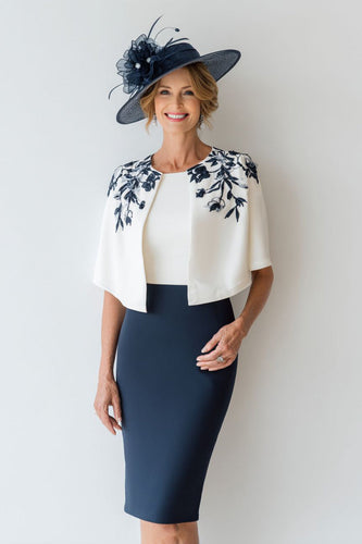 Marineblau Bodycon Blumen 2 Teiler Kurzes Mutter der Braut Kleid