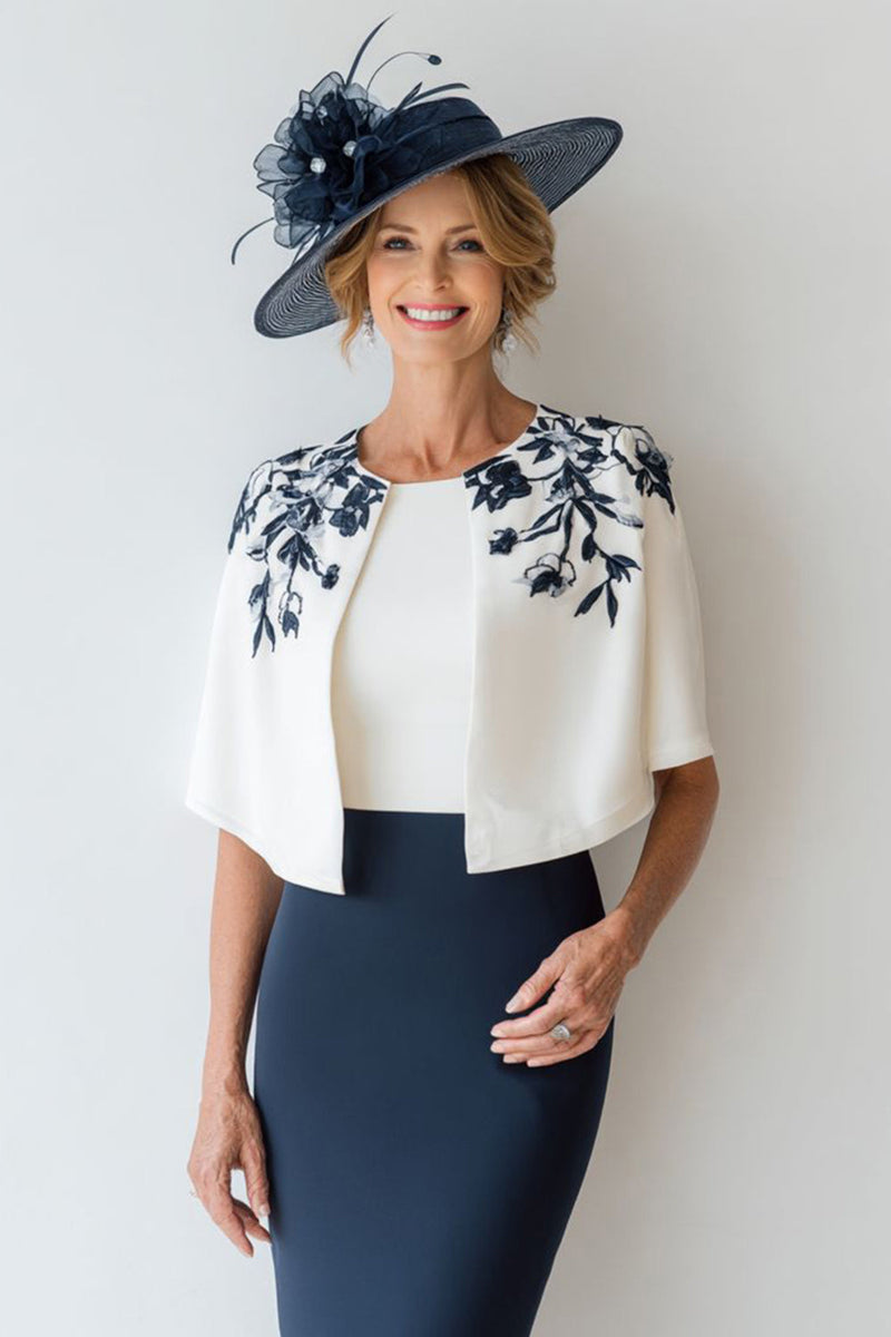 Laden Sie das Bild in den Galerie-Viewer, Marineblau Bodycon Blumen 2 Teiler Kurzes Mutter der Braut Kleid