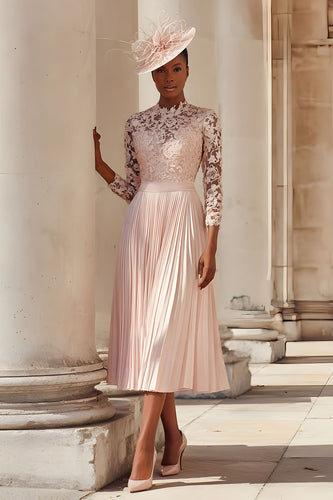 Blush Rosa A Linie Plissiert Midi Brautmutterkleid mit Spitze