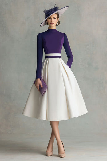 Pflaume Hoher Ausschnitt Satin Midi Brautmutterkleid mit Ärmel