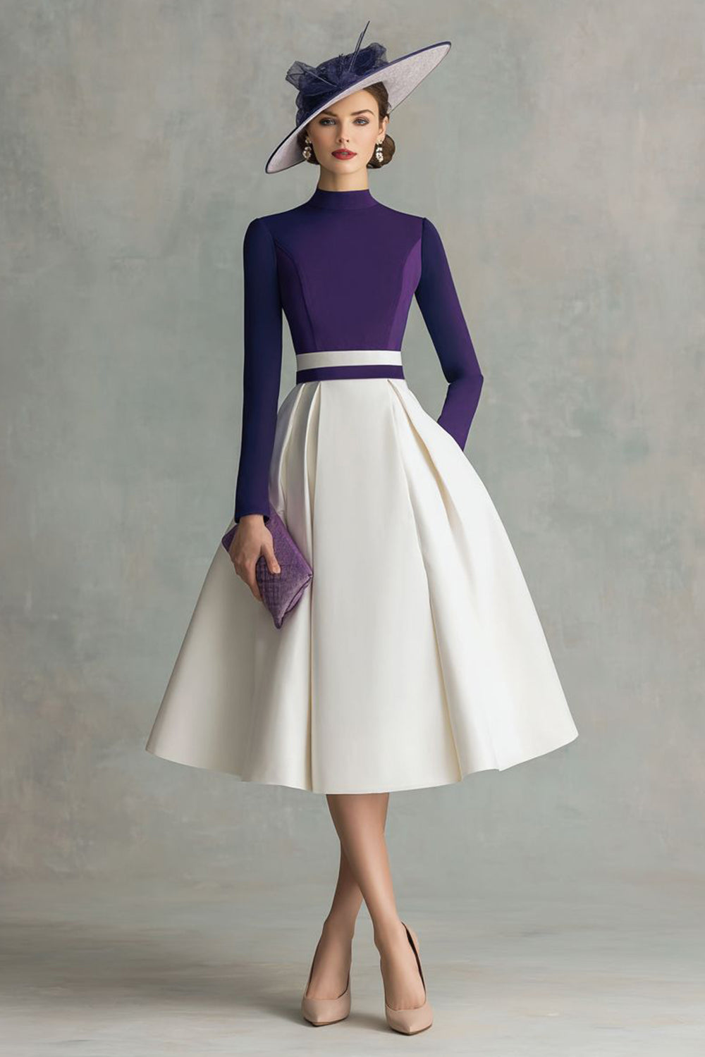 Pflaume Hoher Ausschnitt Satin Midi Brautmutterkleid mit Ärmel