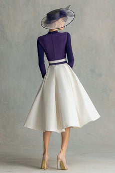 Pflaume Hoher Ausschnitt Satin Midi Brautmutterkleid mit Ärmel