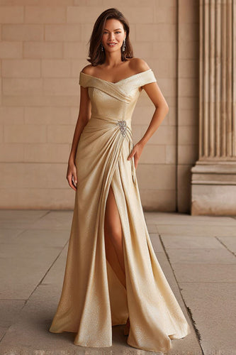 Champagne Schulterfreie Langes Brautmutterkleid mit Slit