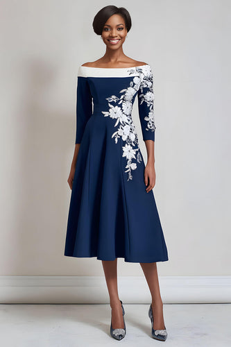 Marineblau Floral A Linie Midi Brautmutterkleid mit Ärmel