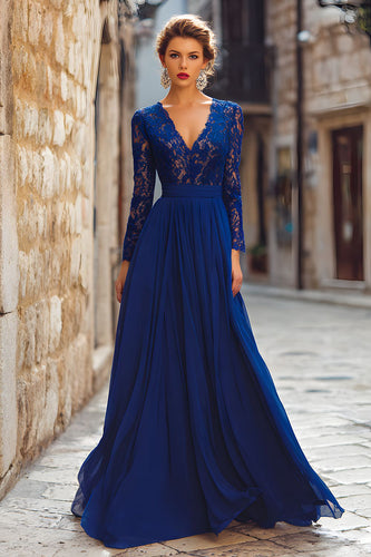 Dunkelblau V-Ausschnitt Chiffon Langes Brautmutterkleid mit Spitze