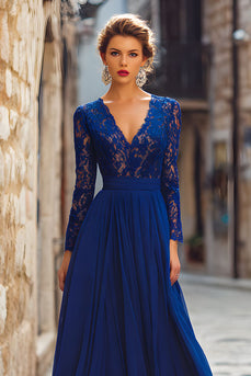 Dunkelblau V-Ausschnitt Chiffon Langes Brautmutterkleid mit Spitze