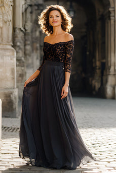Schwarz Schulterfreie Chiffon Langes Brautmutterkleid mit Spitze
