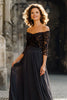 Laden Sie das Bild in den Galerie-Viewer, Schwarz Schulterfreie Chiffon Langes Brautmutterkleid mit Spitze