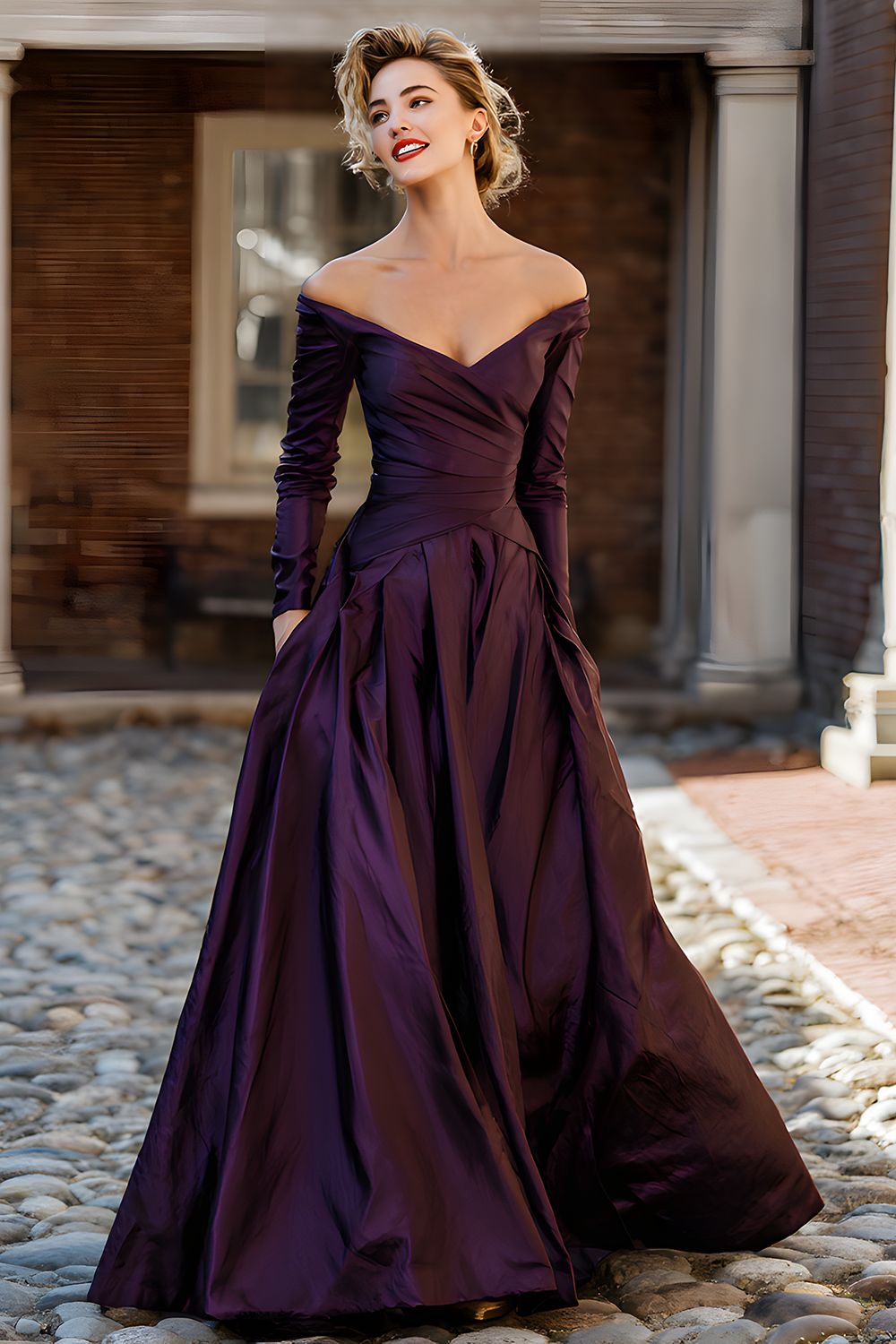 Pflaume Schulterfreie A Linie Langes Brautmutterkleid mit Ärmel