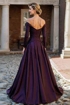 Pflaume Schulterfreie A Linie Langes Brautmutterkleid mit Ärmel