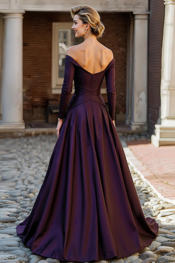 Pflaume Schulterfreie A Linie Langes Brautmutterkleid mit Ärmel