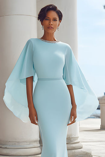 Hellblau Meerjungfrau Langes Brautmutterkleid mit Ärmel