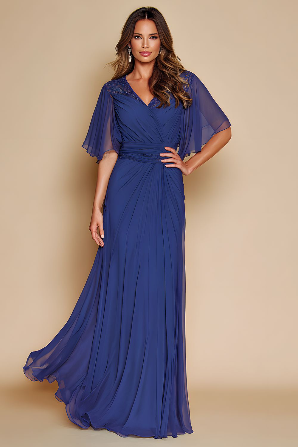 Dunkelblau V-Ausschnitt Langes Brautmutterkleid mit Ärmel