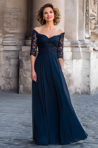 Marineblau Schulterfreie Langes Brautmutterkleid mit Spitze