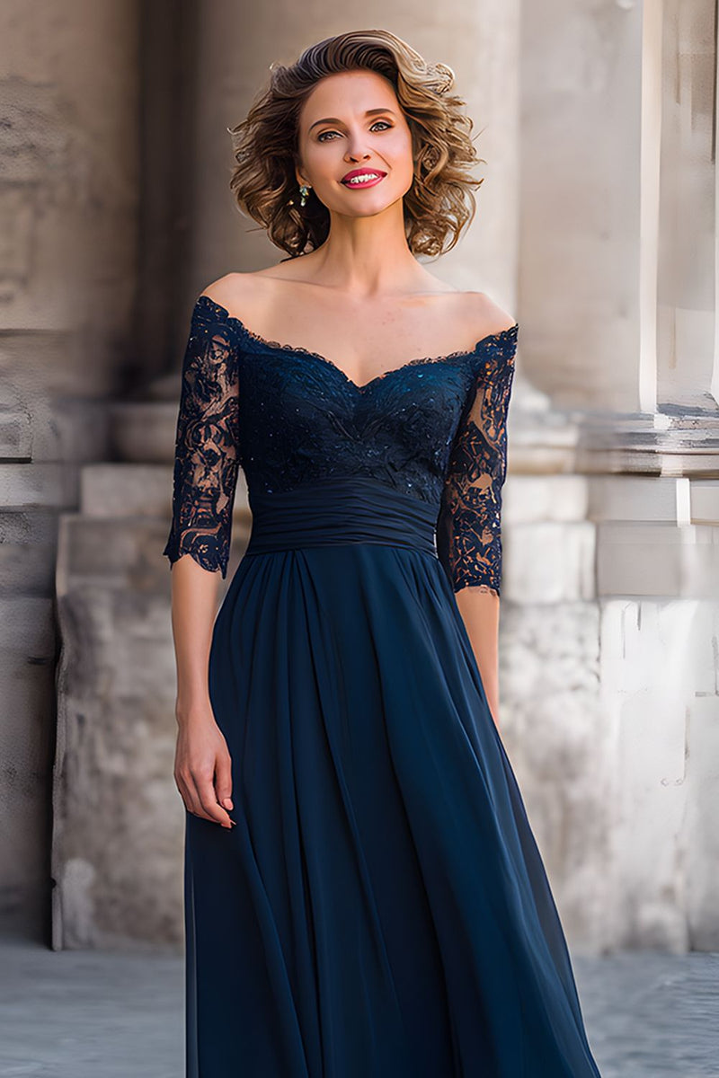 Laden Sie das Bild in den Galerie-Viewer, Marineblau Schulterfreie Langes Brautmutterkleid mit Spitze