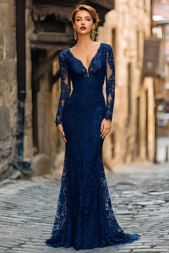 Marineblau Spitze Meerjungfrau V-Ausschnitt Langes Brautmutterkleid