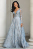 Laden Sie das Bild in den Galerie-Viewer, Blue and Silber A Linie V-Ausschnitt Langes Spitze Brautmutterkleid mit Ärmel