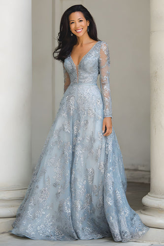 Blue and Silber A Linie V-Ausschnitt Langes Spitze Brautmutterkleid mit Ärmel
