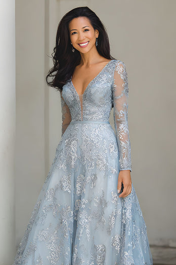 Blue and Silber A Linie V-Ausschnitt Langes Spitze Brautmutterkleid mit Ärmel
