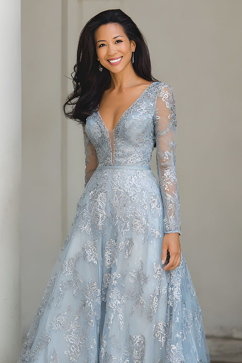 Laden Sie das Bild in den Galerie-Viewer, Blue and Silber A Linie V-Ausschnitt Langes Spitze Brautmutterkleid mit Ärmel