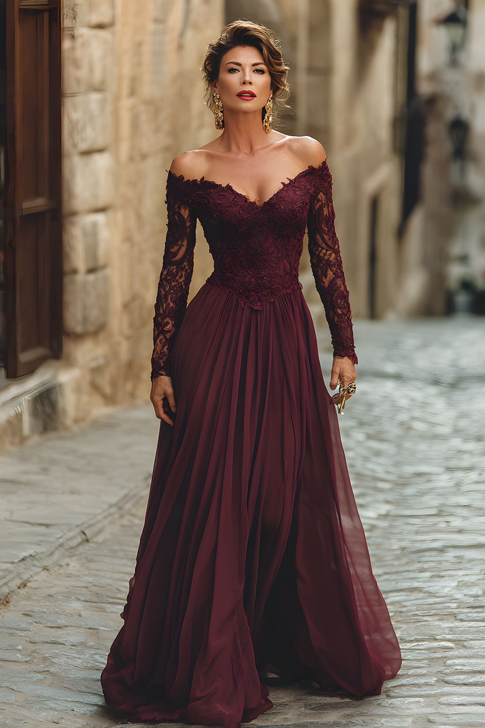 Cabernet A Linie Langes Chiffon Brautmutterkleid mit Ärmel